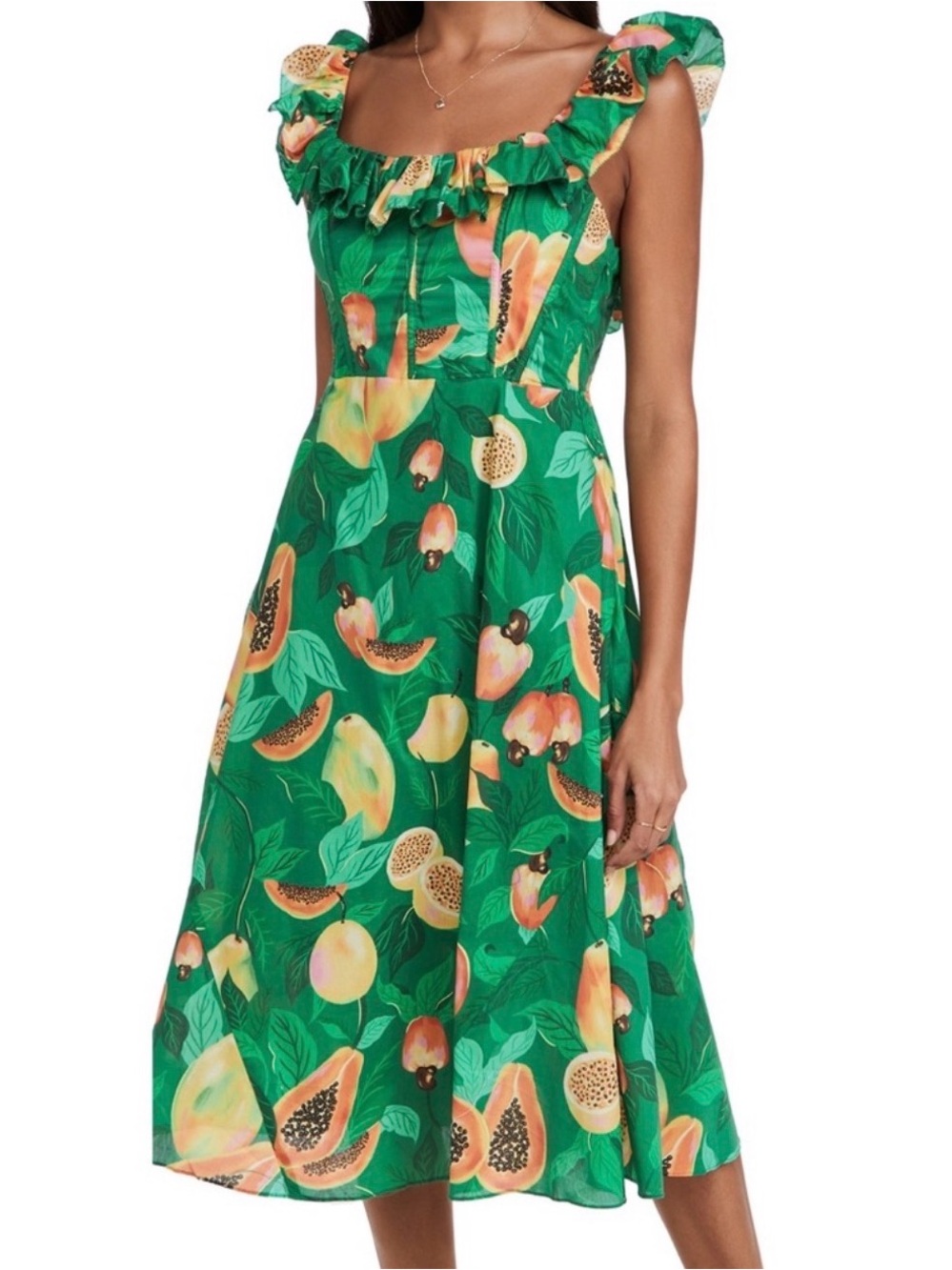 FARM Rio Papaya Salad Midi Dress Size Small Ruffles Resort Wear Vaction
